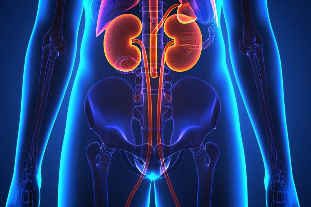Kidneys in red inside a blue wireframe body