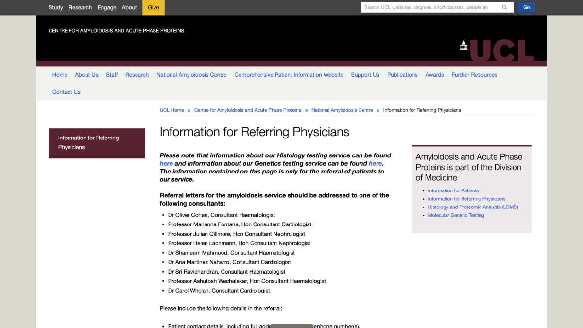 Screenshot of the national amyloidosis center website